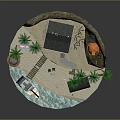Scenic Beach Landscape With Small House Palm Trees Boat Tent And Rocky Hill