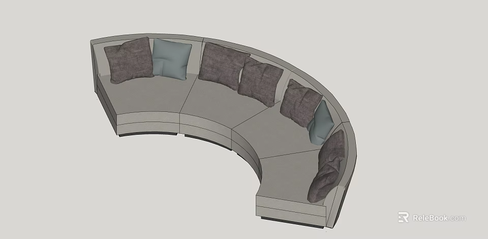 Curved Sectional Sofa With Gray Upholstery And Multiple Dark Light Blue Pillows 3d model