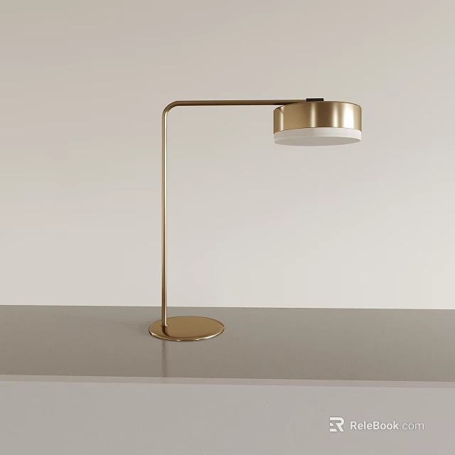 Golden Curved Arm Table Lamp With Circular Base And White Lampshade On Gray Tabletop 3d model 