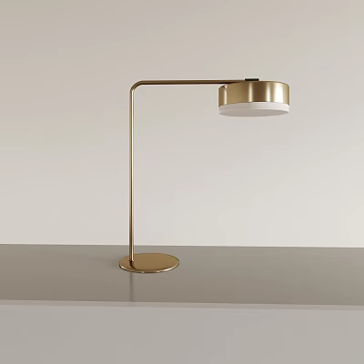 Golden Curved Arm Table Lamp With Circular Base And White Lampshade On Gray Tabletop 3d model