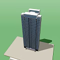 Modern High Rise Building With Glass Windows Against Blue Sky And Green Ground
