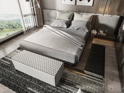 Modern Double Bed with Grey Sheets Wooden Headboard Window View Area Rug and Foot Bench 3d model