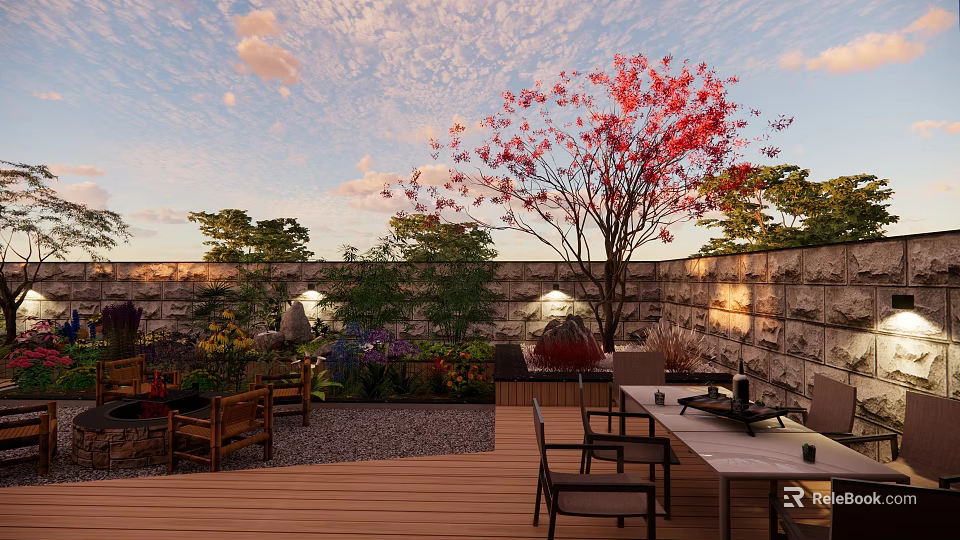 Serene Courtyard Garden With Wooden Deck Stone Wall Red Tree And Outdoor Dining Setup 3d model 