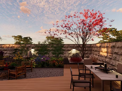 Serene Courtyard Garden With Wooden Deck Stone Wall Red Tree And Outdoor Dining Setup 3d model
