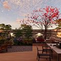Serene Courtyard Garden With Wooden Deck Stone Wall Red Tree And Outdoor Dining Setup