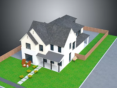 Two Story White House With Gray Roof Lawn And Wooden Fence Patio Garden 3d model