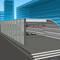 Modern Station Entrance with Curved Canopy Signage and Pedestrians on Brick Pavement