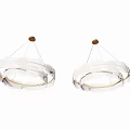 Two Modern Chandeliers with Circular Transparent Shades and Wooden Ceiling Mounts for Contemporary Interior Decor