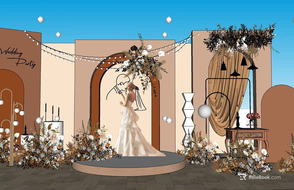Bridal Window Display Decoration Featuring Wedding Dress Mannequin Floral Arrangements Archway And Hanging Lights 3d model 