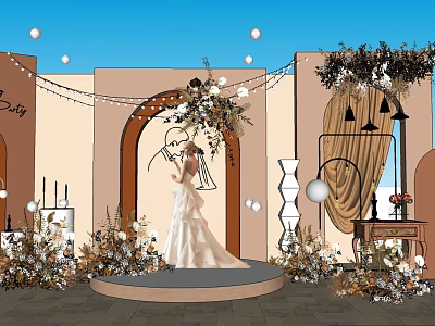 Bridal Window Display Decoration Featuring Wedding Dress Mannequin Floral Arrangements Archway And Hanging Lights 3d model