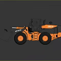 Orange Black Utility Vehicle with Front Loader Bucket Cabin and Large Tires