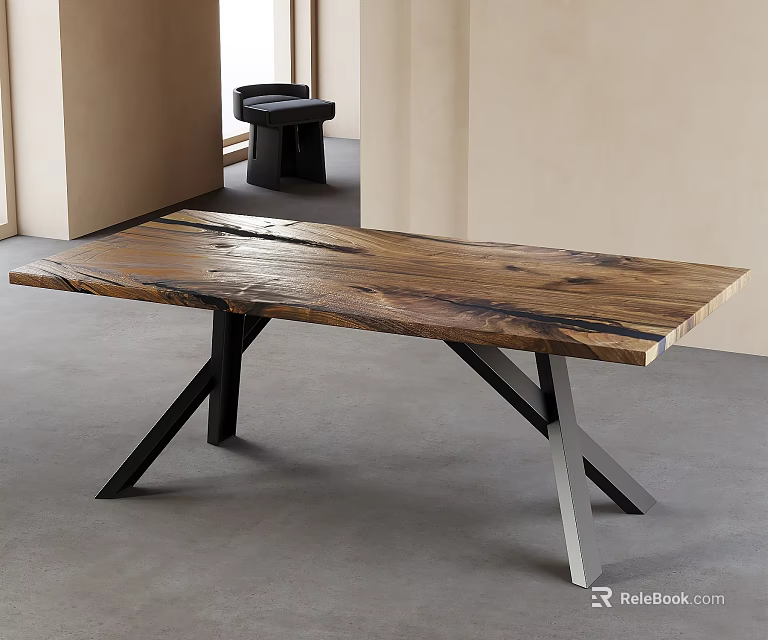 Rustic Modern Dining Table With Solid Wood Top And Metal X Shaped Legs In Interior 3d model 