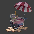 Vibrant Ice Cream Cart With Red And White Striped Umbrella Cones And Fruits