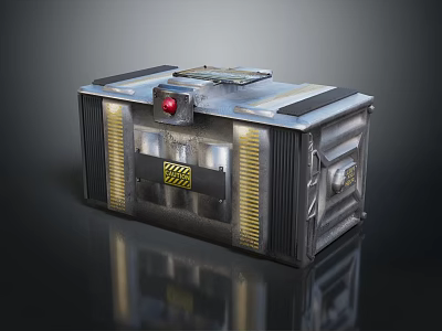 Industrial Metal Equipment Component With Red Button Yellow Warning Label And Vent Grilles 3d model