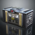 Industrial Metal Equipment Component With Red Button Yellow Warning Label And Vent Grilles