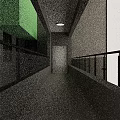 Modern Elevator Hallway With Gray Walls Glass Railings Wooden Flooring Door And Lighting