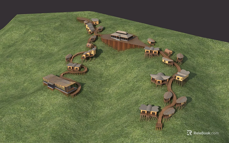 Wooden Cabins on Green Grassland Connected by Winding Wooden Walkways and Roof Terraces 3d model 