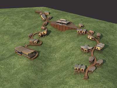 Wooden Cabins on Green Grassland Connected by Winding Wooden Walkways and Roof Terraces 3d model