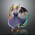 Cute Child Dragon Girl With Yellow Horns Twintails Blue Dress And Green Tail