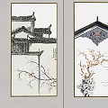 Chinese Style Wall Paintings With Traditional Architecture Roof And Plum Branches
