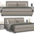 Modern Double Bed with Gray Upholstered Headboard Nightstands Table Lamp Bicycle Model and Vase