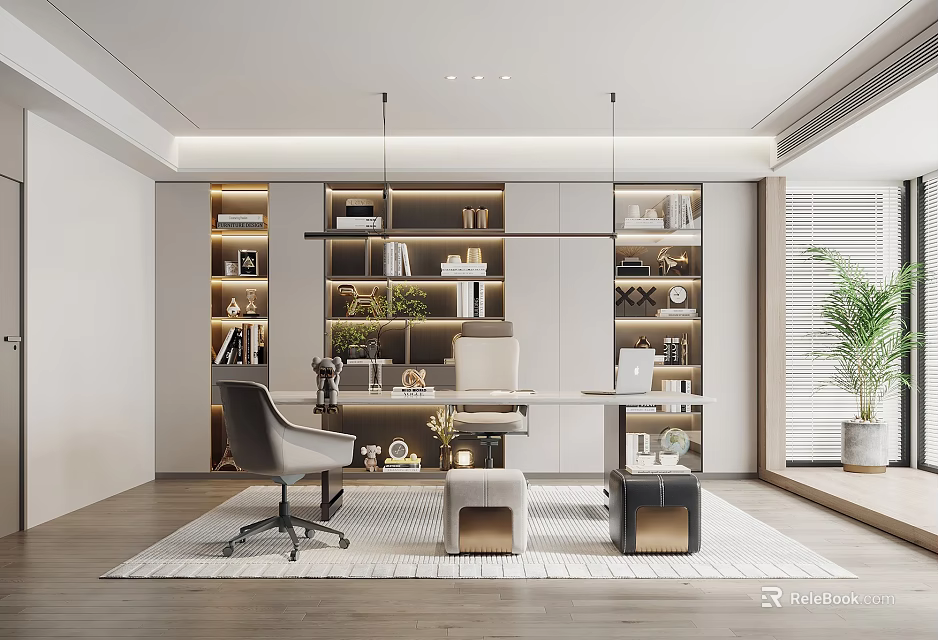 Modern Study Room Interior Design With Bookshelves Desk Office Chair And Decorative Plants 3d model 