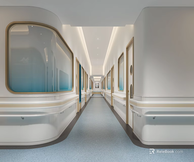 Modern Elevator Hallway Design With Smooth Walls Handrails Recessed Lighting And Doors 3d model 