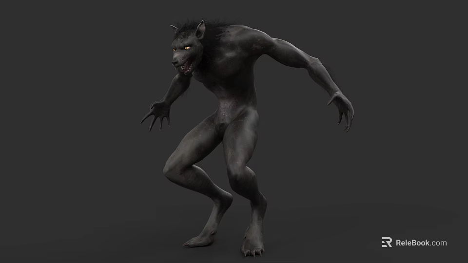 Menacing Muscular Wolf Like Game Movie Character With Grey Skin Sharp Fangs And Long Claws 3d model 