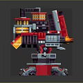 Futuristic Landscape With Mechanical Tower Structure Red Blue Orange Details And Arm Like Extensions