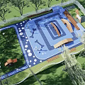 Residential Landscape Design Pet Play Area With Blue Surface Bone Shaped Patterns Wooden Structures Lawn