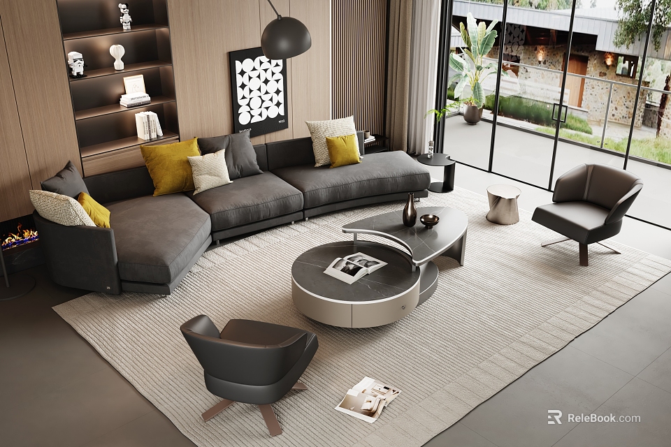 Modern Gray Sofa Coffee Table Set With Yellow White Cushions Light Rug And Gray Armchairs 3d model 