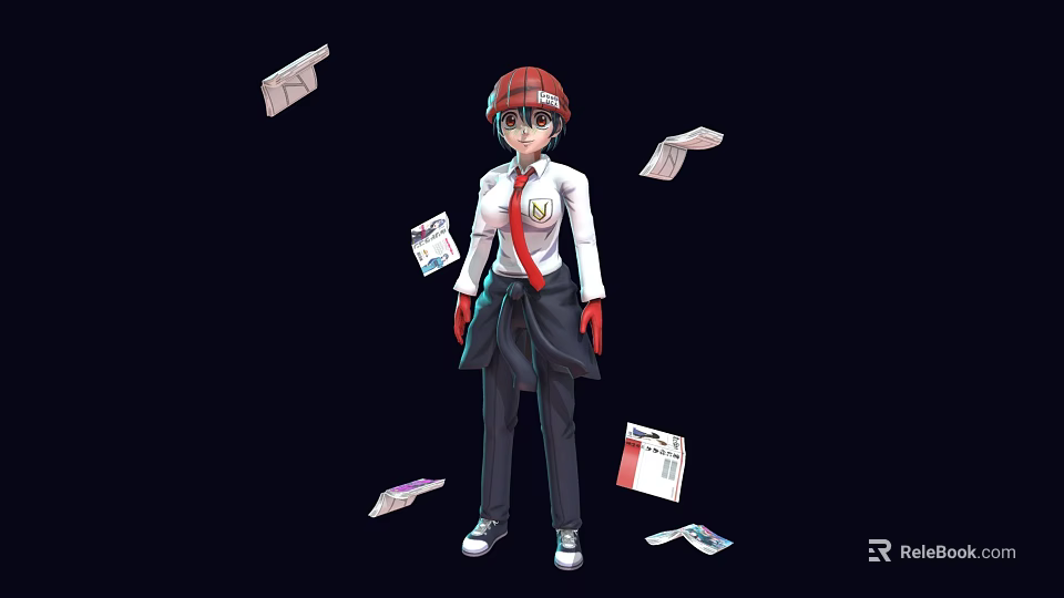 Red Haired Woman In White Shirt Red Tie Black Outfit Red Gloves With Scattered Papers 3d model 