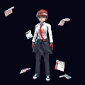 Red Haired Woman In White Shirt Red Tie Black Outfit Red Gloves With Scattered Papers