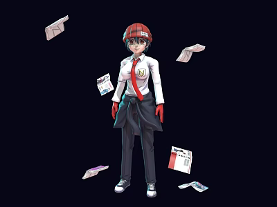 Red Haired Woman In White Shirt Red Tie Black Outfit Red Gloves With Scattered Papers 3d model