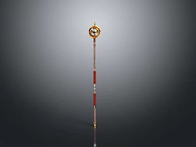 Decorative Gold Red Staff Weapon With Circular Top Ornament And Long Handle Design 3d model
