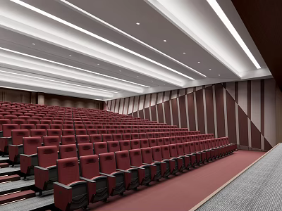 Spacious Stepped Conference Room With Red Seats Ceiling Light Strips And Brown Wooden Walls 3d model