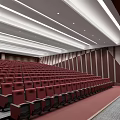 Spacious Stepped Conference Room With Red Seats Ceiling Light Strips And Brown Wooden Walls