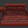Double Bed with Brown Headboard White Pillows Gray Beige Blankets and Side Nightstand Table Lamp