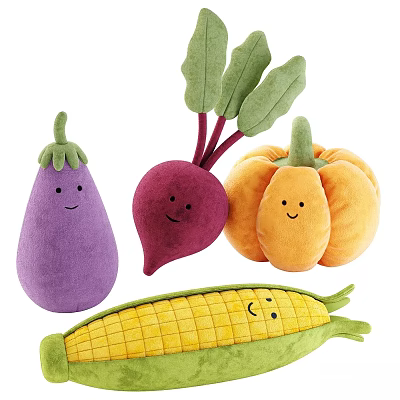Cute Vegetable Shaped Plush Toys With Smiling Faces Including Eggplant Beet Pumpkin And Corn 3d model