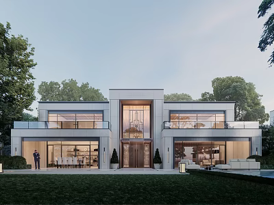 Modern Semi-detached Villa With Symmetrical Design Large Windows And Outdoor Lawn 3d model