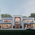 Modern Semi-detached Villa With Symmetrical Design Large Windows And Outdoor Lawn