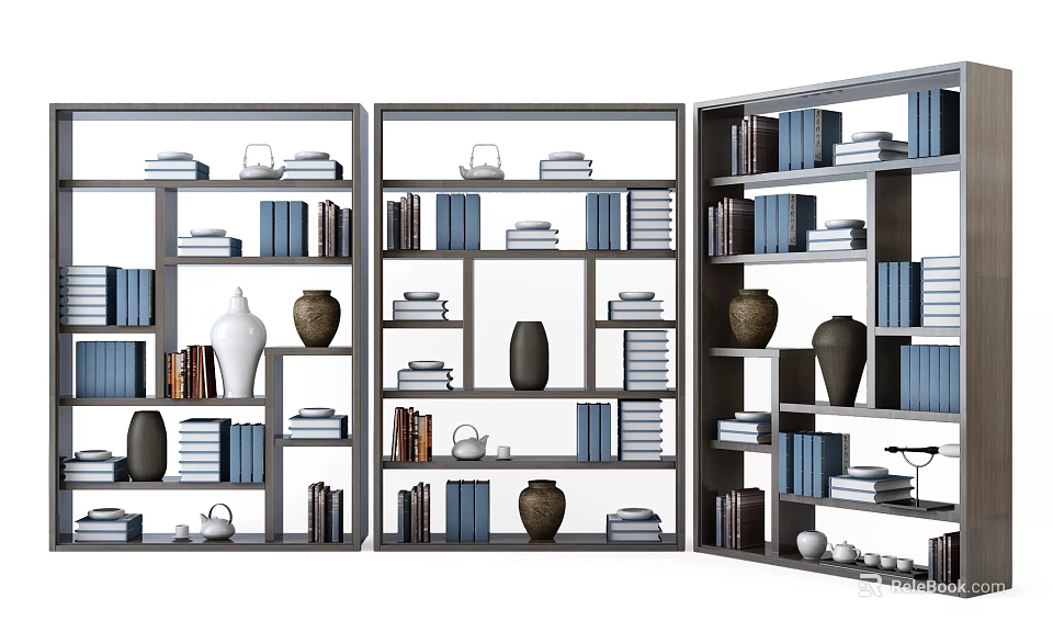 Modern Layered Bookshelves With Stacked Books Decorative Vases And Tea Sets 3d model 