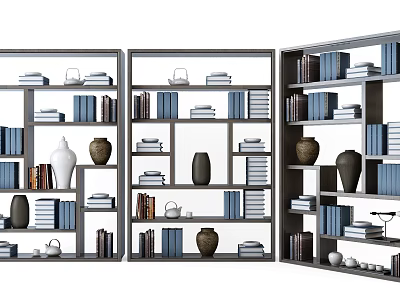 Modern Layered Bookshelves With Stacked Books Decorative Vases And Tea Sets 3d model