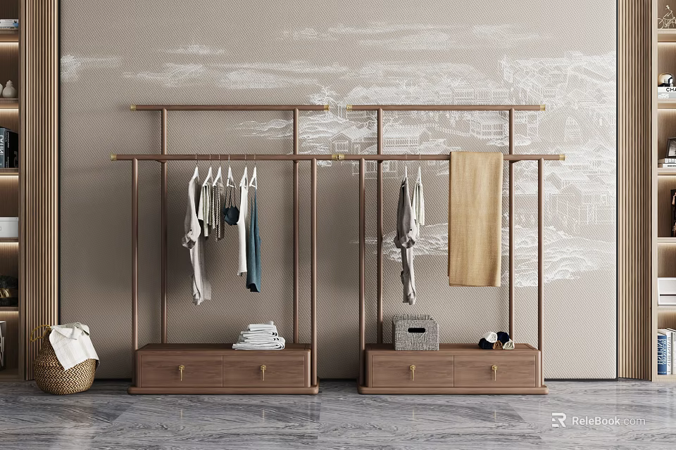 Chinese Style Open Wooden Wardrobe With Drawers And Hanging Clothes 3d model 