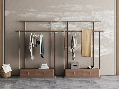 Chinese Style Open Wooden Wardrobe With Drawers And Hanging Clothes 3d model