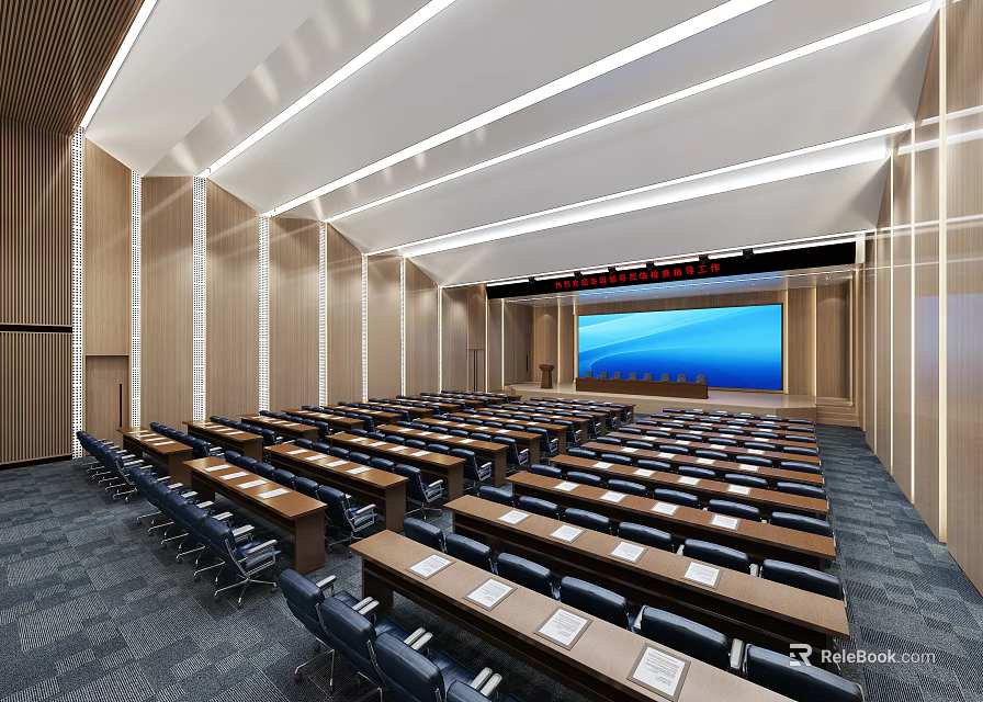 Large Modern Conference Room Interior With Wooden Walls Rows Of Tables Chairs And Front Screen 3d model 