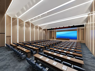 Large Modern Conference Room Interior With Wooden Walls Rows Of Tables Chairs And Front Screen 3d model