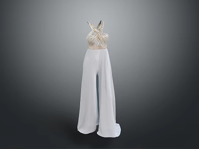Stylish Luxury White Wide Leg Jumpsuit With Gold Detailed Halter Top 3d model