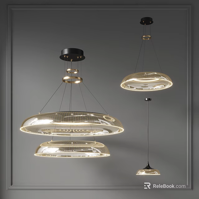 Elegant Modern Chandeliers With Round Layered Glass Shades And Metal Hanging Frames 3d model 