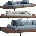Modern Double Sofa With Light Blue Linen Upholstery Light Gray Cushions Wooden Base And Pillows